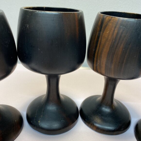 Vintage Set of 4 Dark Wooden Stemmed Wine Goblets Hand turned Mid-Century Modern - Picture 8 of 16